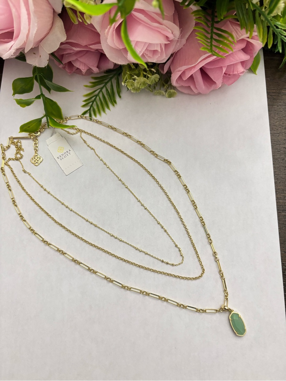 NWT Kendra Scott Elisa Triple Strand Necklace - Gold Matte Iridescent Mint - Picture 3 of 9